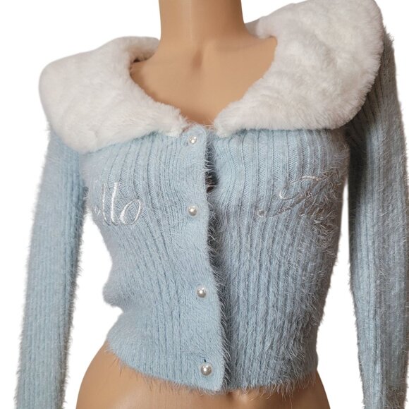 Hello Kitty & Friends X Forever 21 Blue Knit Cardigan W/Faux Fur Collar & Cuff - Picture 14 of 16